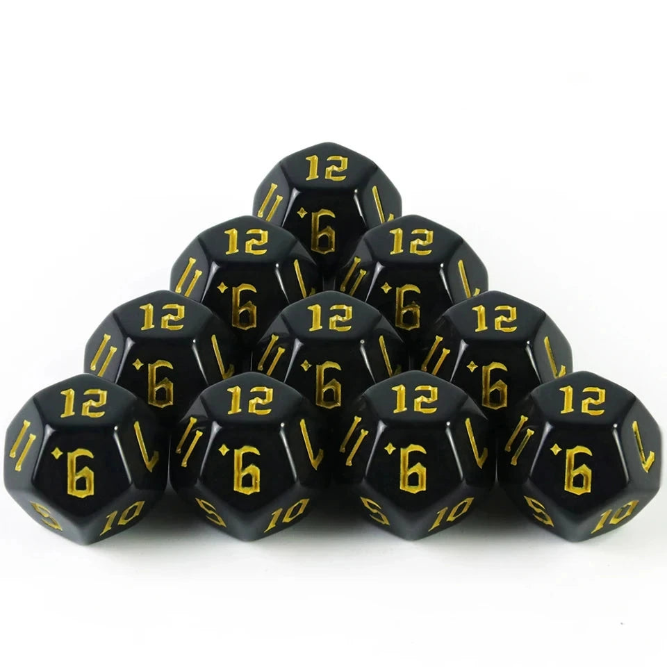 10D12 - dés à 12 faces noirs - Ecriture scribe
