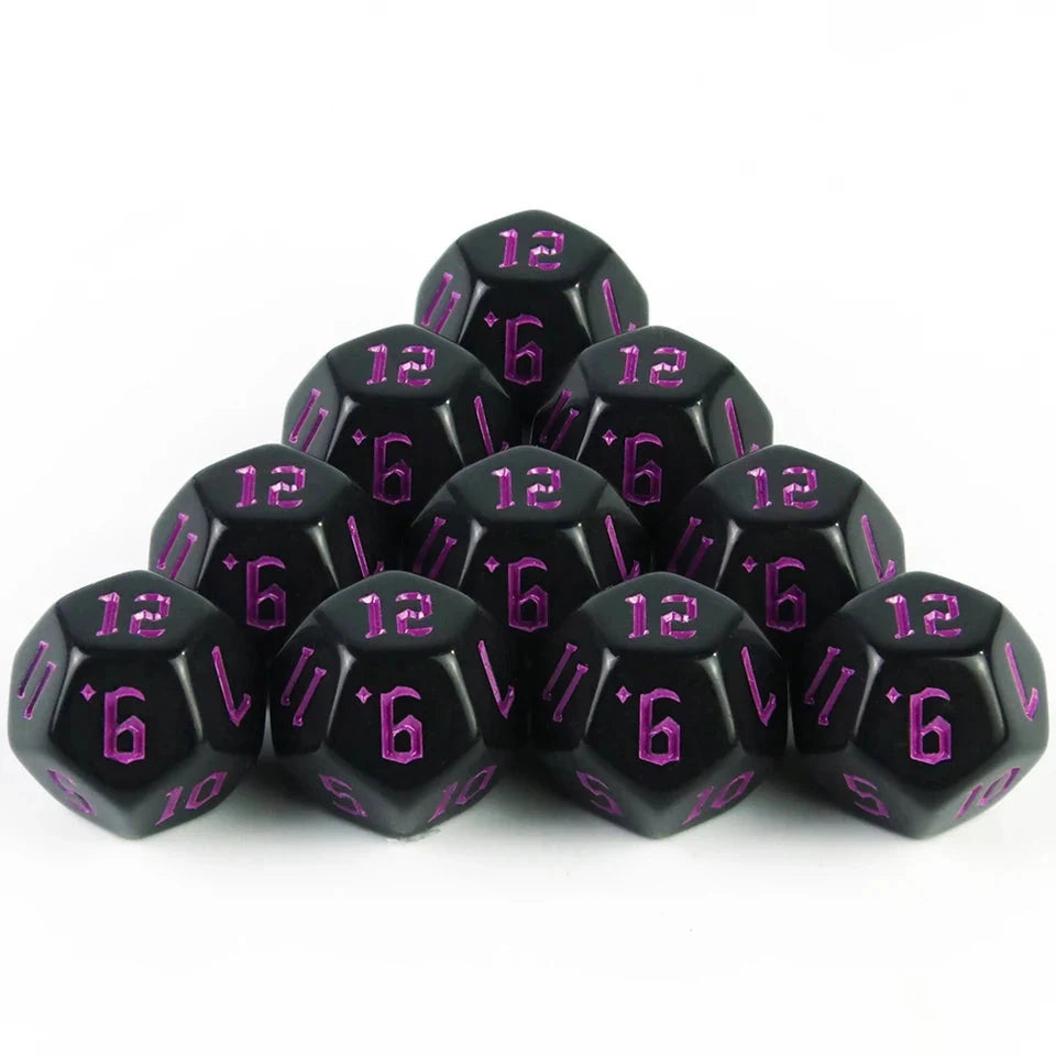 10D12 - dés à 12 faces noirs - Ecriture scribe
