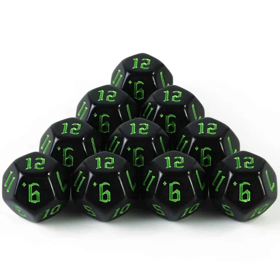 10D12 - dés à 12 faces noirs - Ecriture scribe