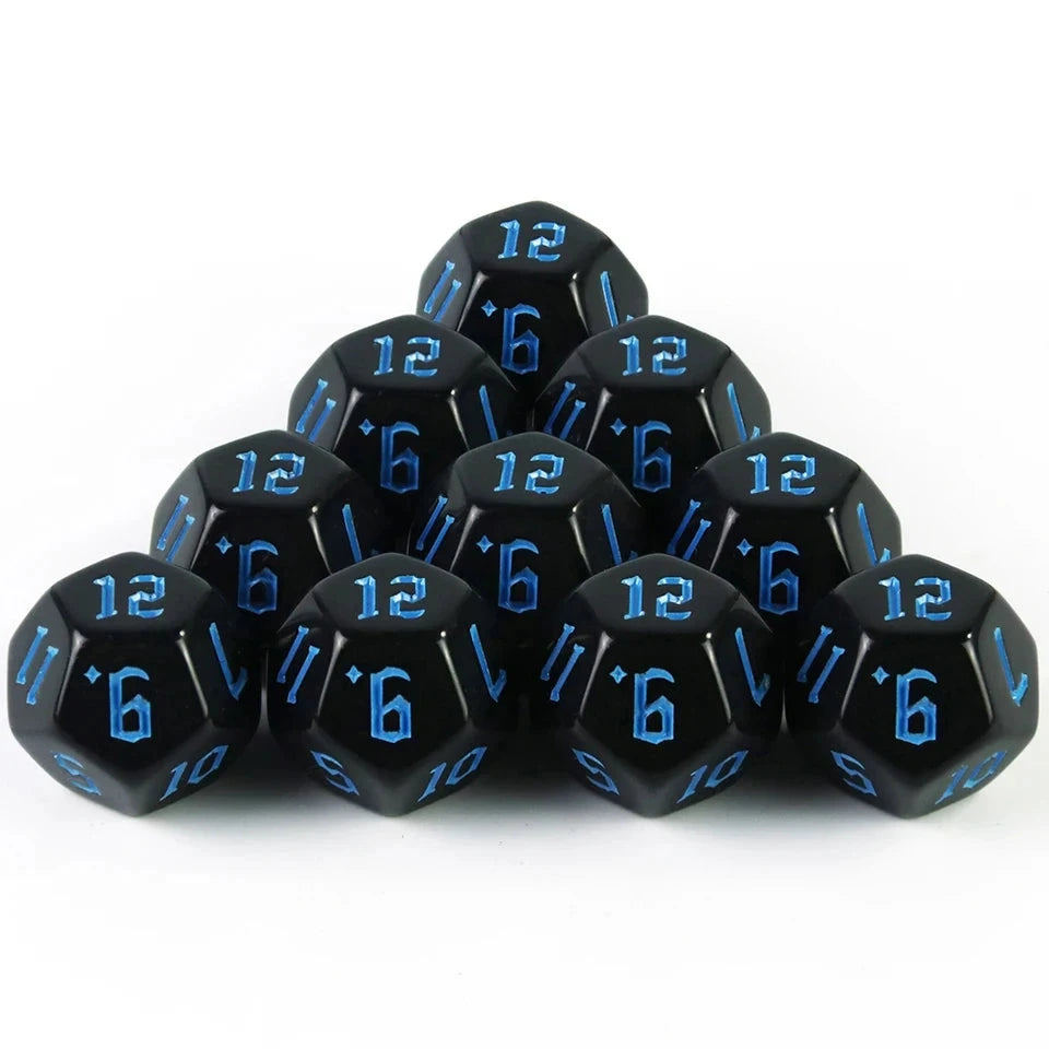10D12 - dés à 12 faces noirs - Ecriture scribe