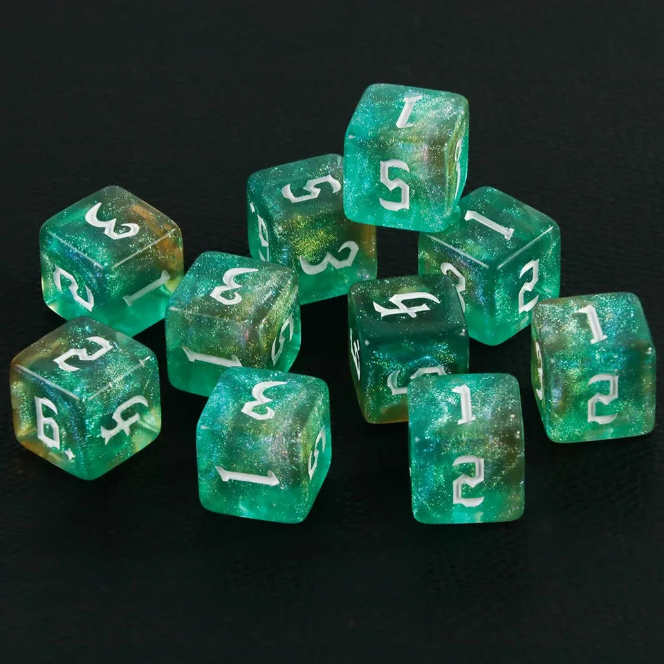 10D6 - dés à 6 faces résine et paillettes - Ecriture scribe