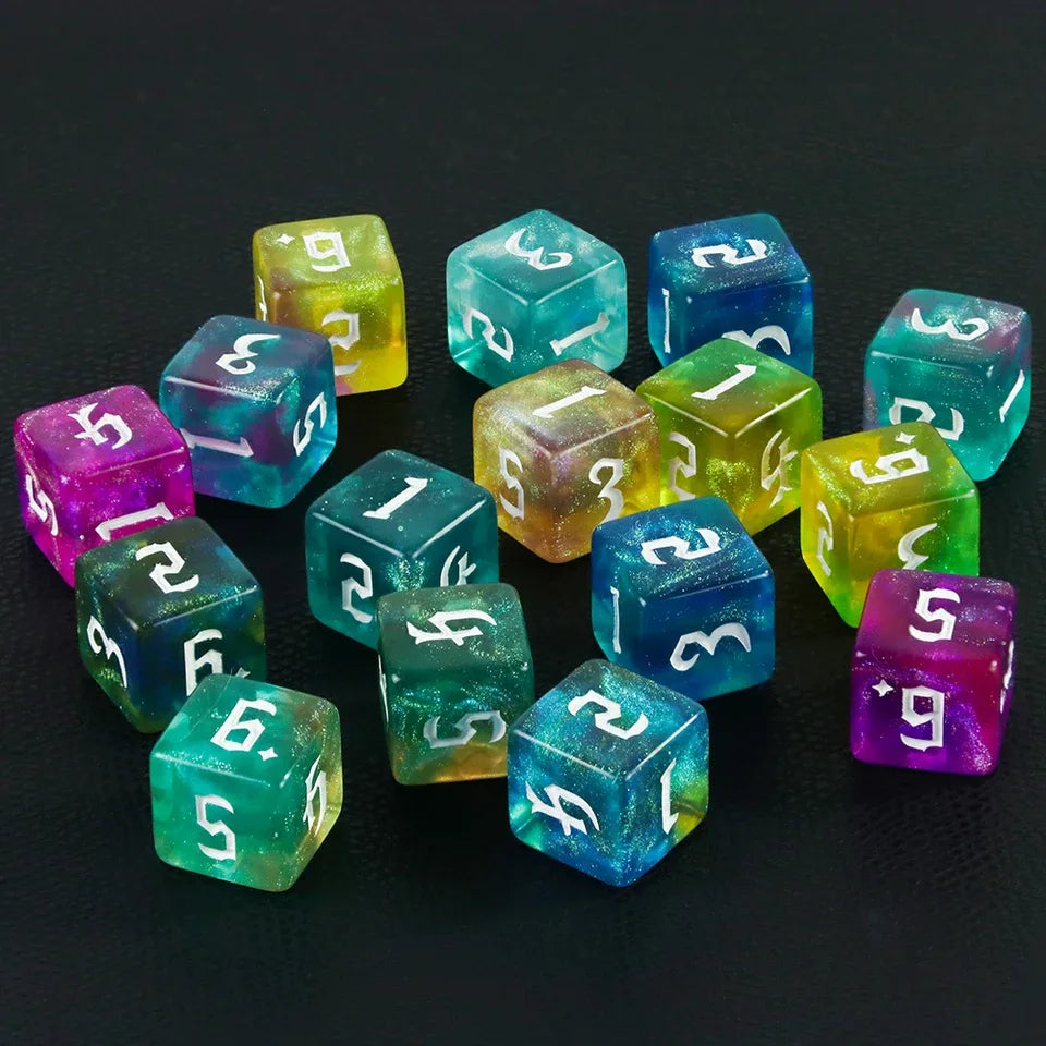 10D6 - dés à 6 faces résine et paillettes - Ecriture scribe