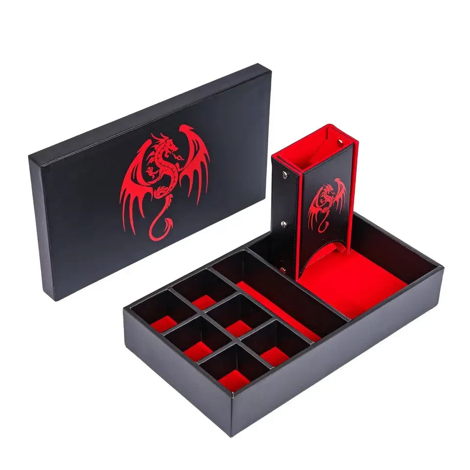 Boîte à dés Dragon multifonction en cuir 3 en 1, étui, plateau et tour