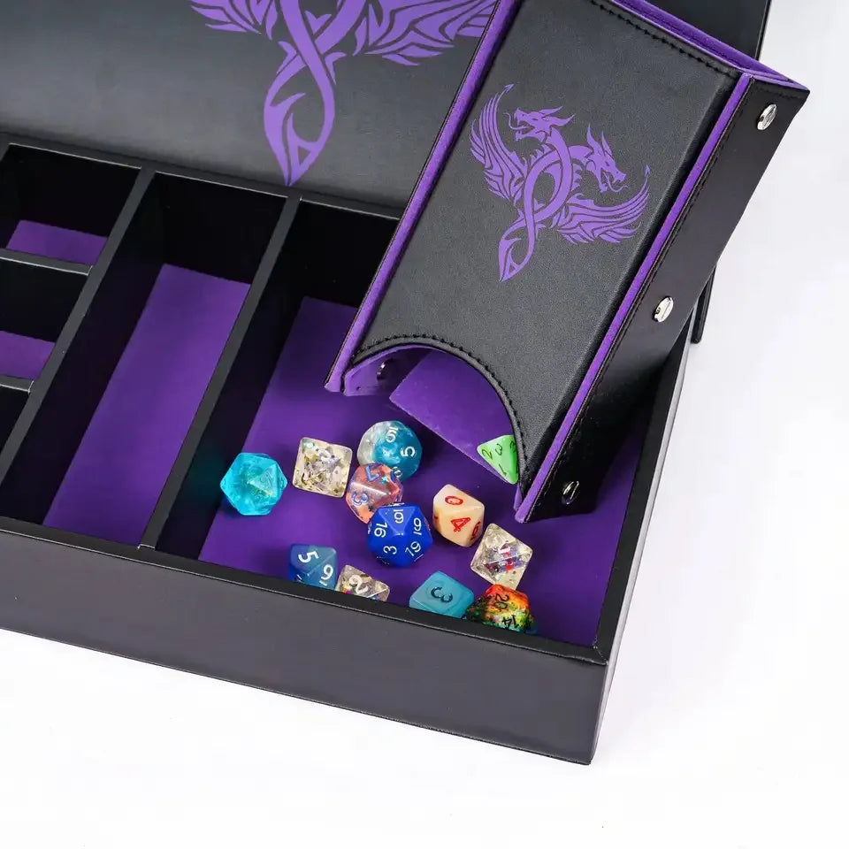 Boîte à dés Dragon multifonction en cuir 3 en 1, étui, plateau et tour