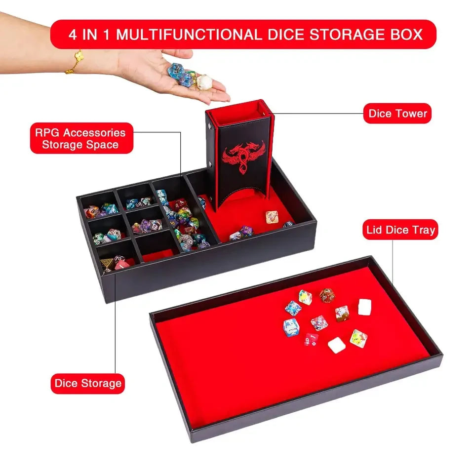 Boîte à dés Dragon multifonction en cuir 3 en 1, étui, plateau et tour
