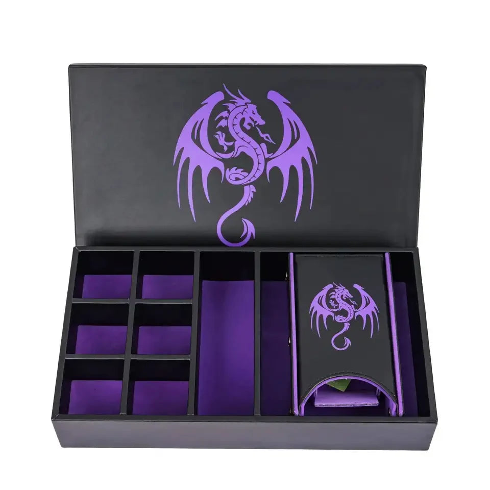 Boîte à dés Dragon multifonction en cuir 3 en 1, étui, plateau et tour