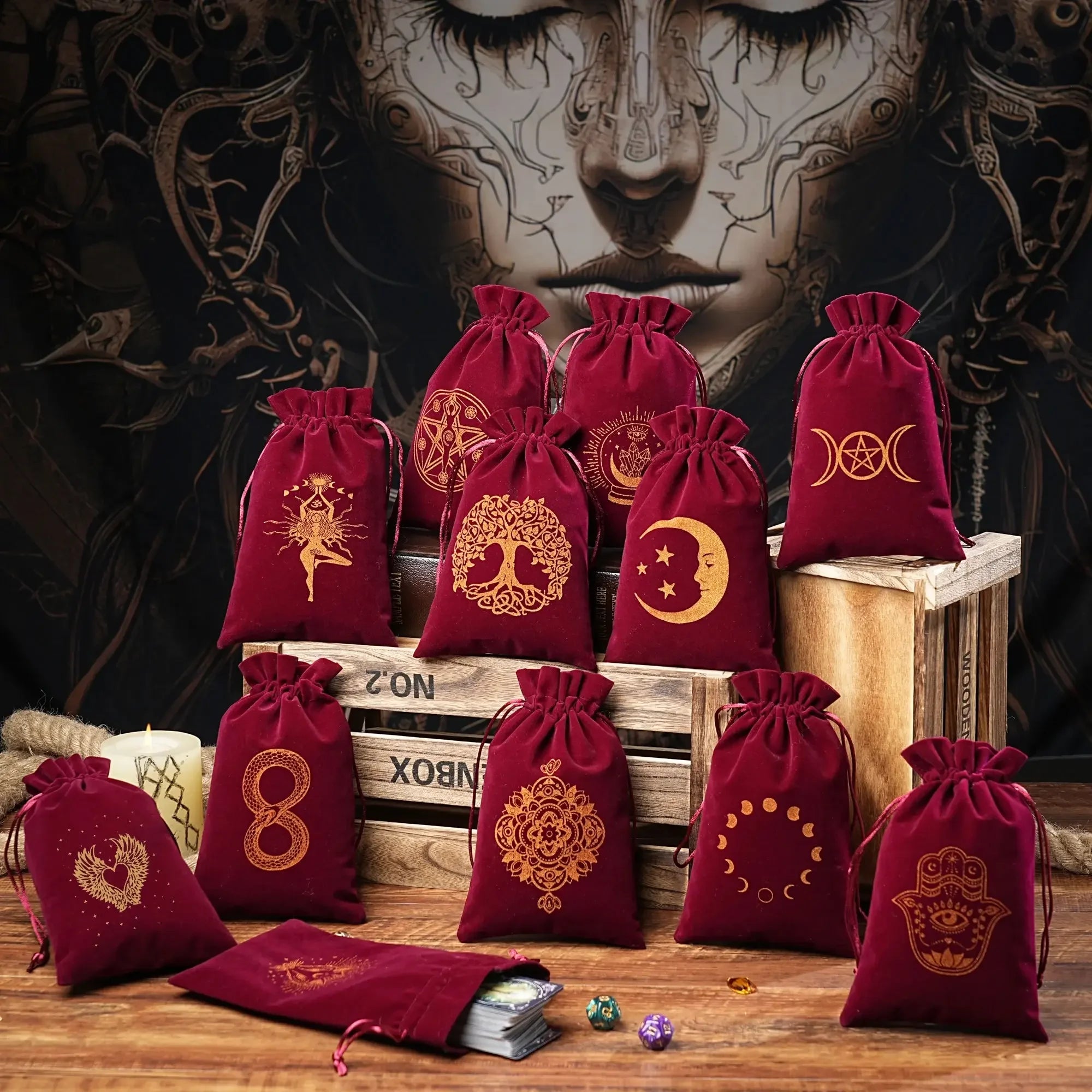 Bourse à dés en velours rouge - motifs celtiques