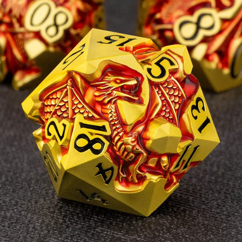 Set de dés en métal avec boite - Dragon incrusté