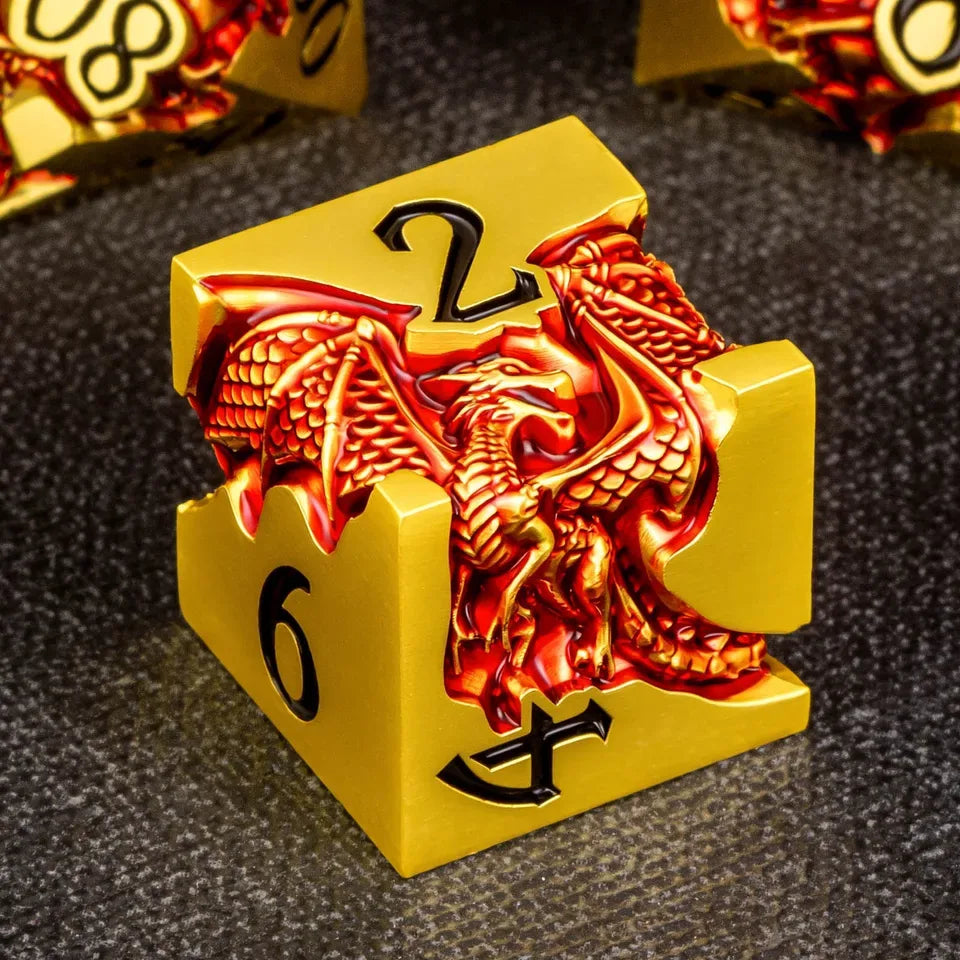 Set de dés en métal avec boite - Dragon incrusté