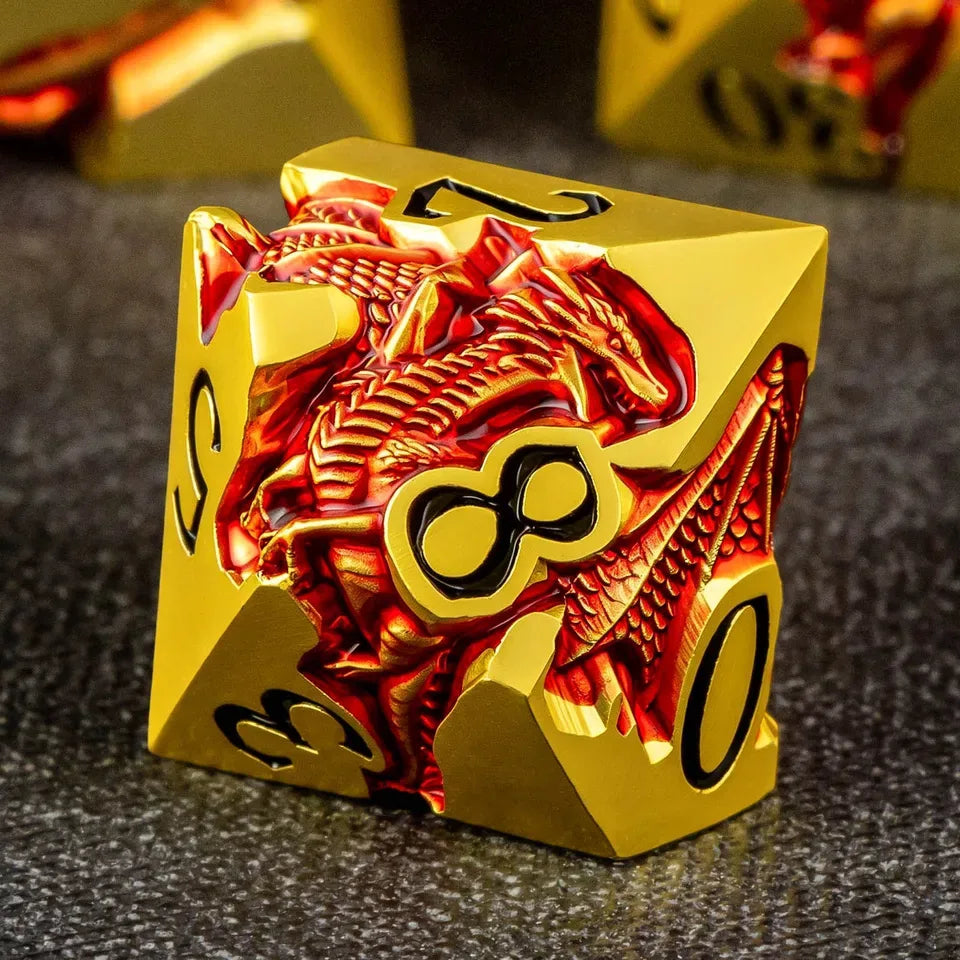 Set de dés en métal avec boite - Dragon incrusté