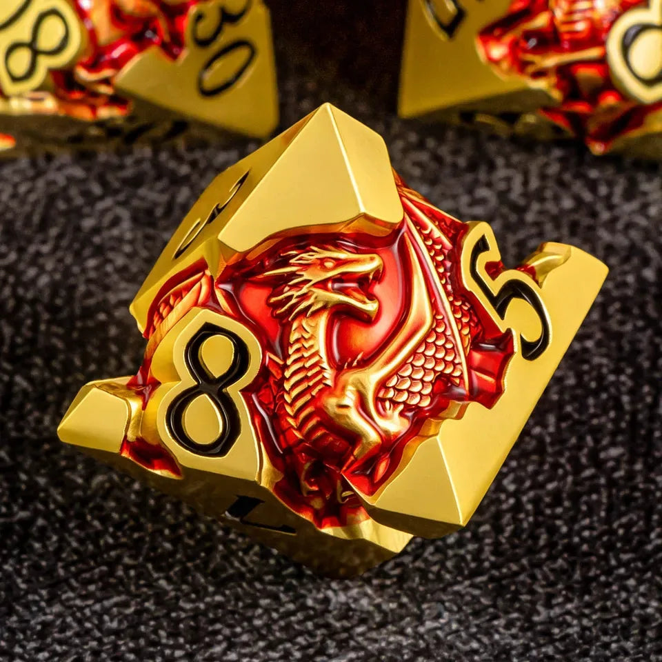Set de dés en métal avec boite - Dragon incrusté