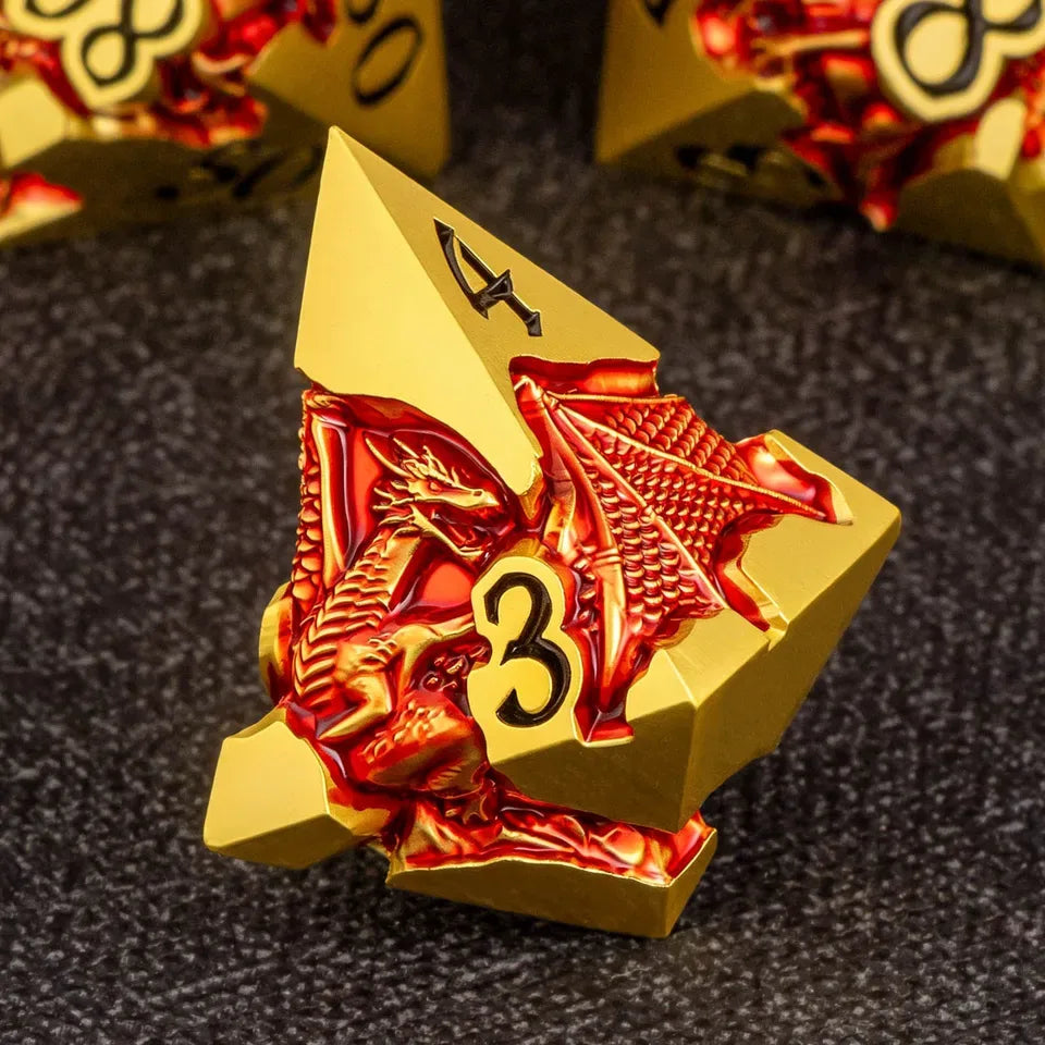 Set de dés en métal avec boite - Dragon incrusté