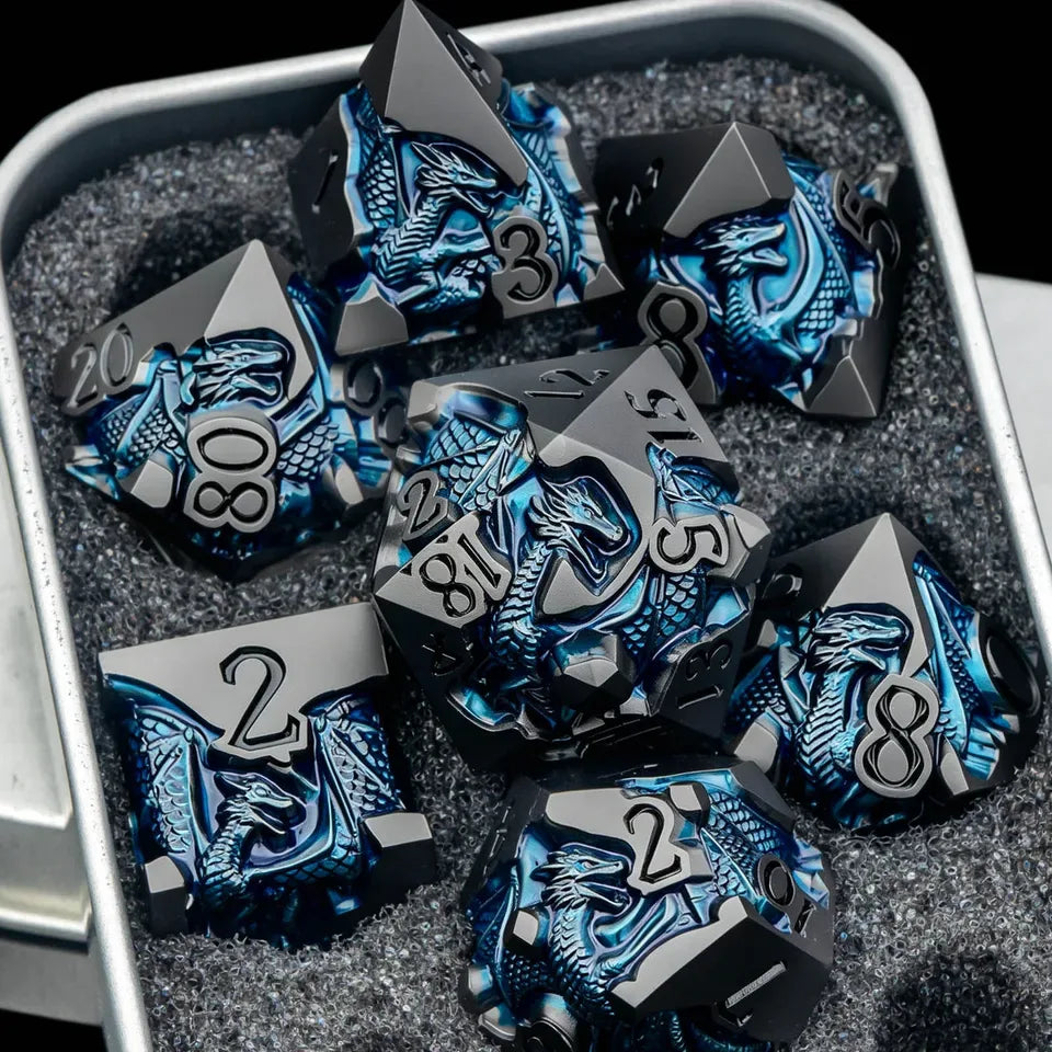 Set de dés en métal avec boite - Dragon incrusté