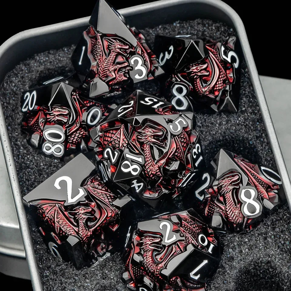 Set de dés en métal avec boite - Dragon incrusté