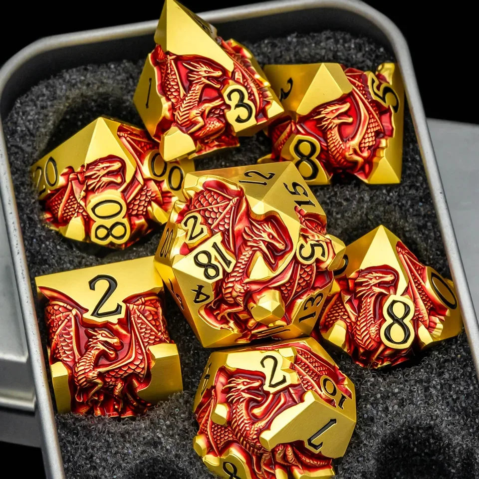 Set de dés en métal avec boite - Dragon incrusté