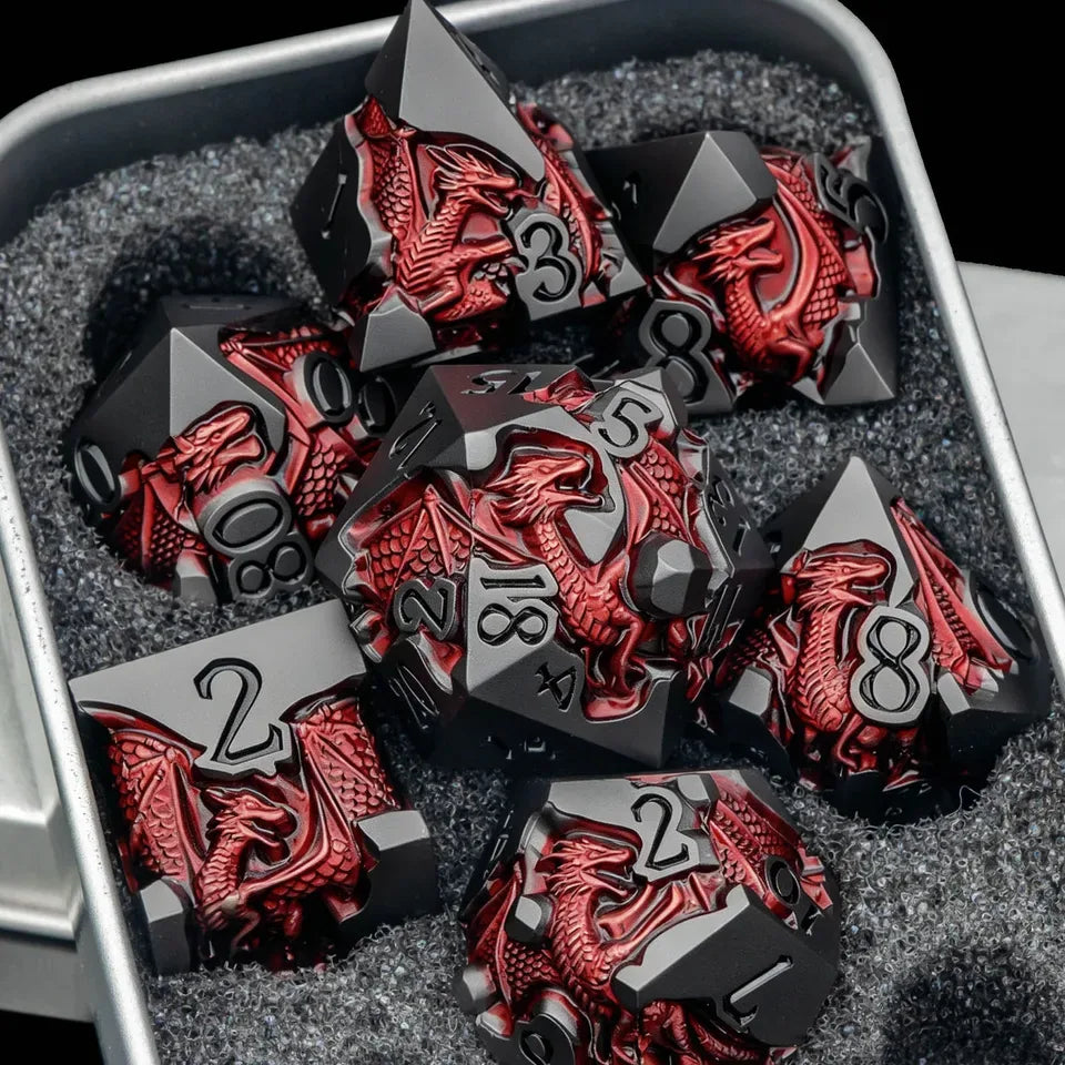 Set de dés en métal avec boite - Dragon incrusté