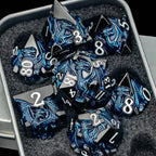 Set de dés en métal avec boite - Dragon incrusté